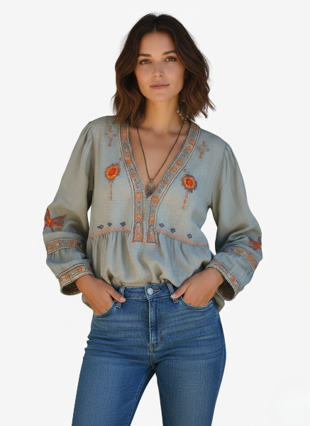 V-Neck Embroidered Long Sleeve Blouse - Casual Women's Top with Wide Cuffs for Everyday Wear