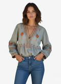 V-Neck Embroidered Long Sleeve Blouse - Casual Women's Top with Wide Cuffs for Everyday Wear