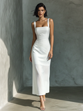 White Cotton Linen Blend Sleeveless Midi Dress Women UK – Wedding Guest Garden Party Evening Gown, Resort Holiday