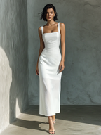 White Cotton Linen Blend Sleeveless Midi Dress Women UK – Wedding Guest Garden Party Evening Gown, Resort Holiday
