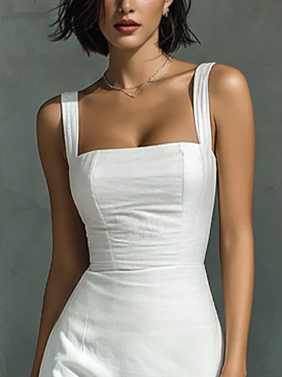 White Cotton Linen Blend Sleeveless Midi Dress Women UK – Wedding Guest Garden Party Evening Gown, Resort Holiday