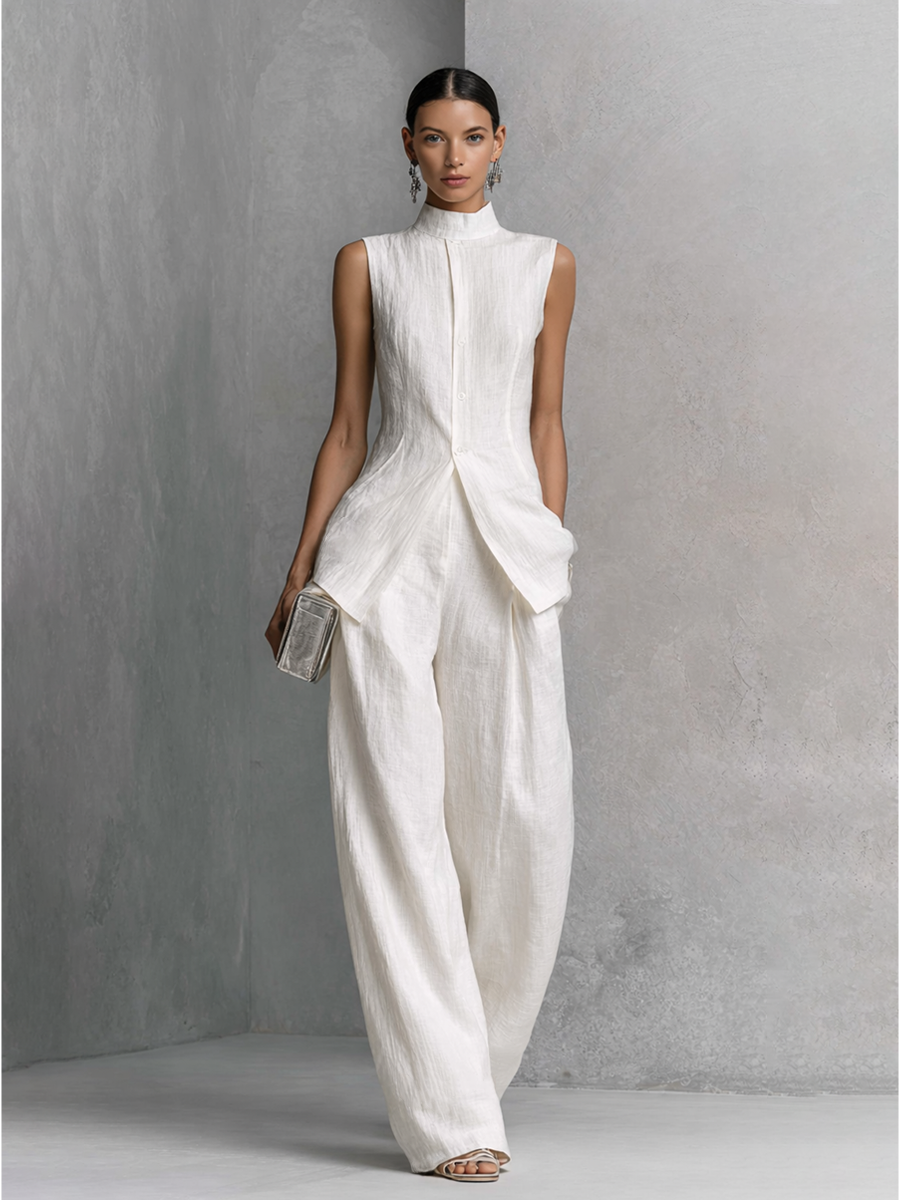 White Cotton Linen Sleeveless Top and Wide-Leg Trousers Set Women UK – Smart Casual Holiday Outfit, Brunch