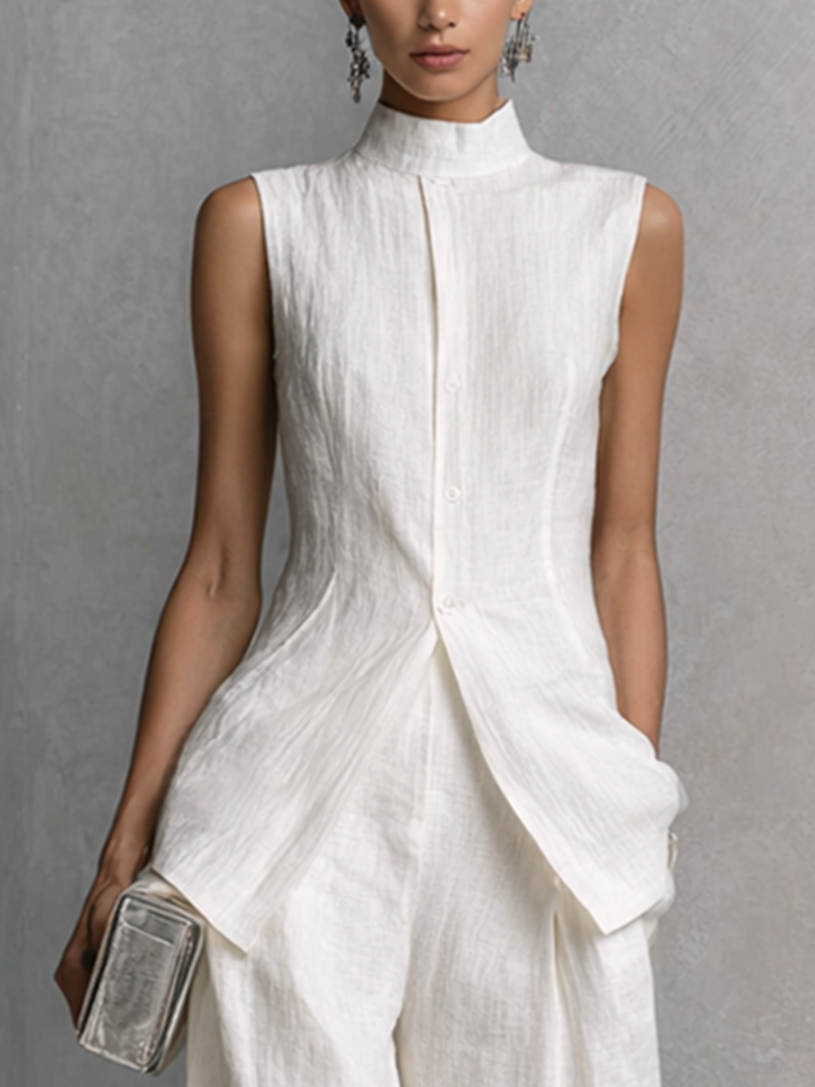 White Cotton Linen Sleeveless Top and Wide-Leg Trousers Set Women UK – Smart Casual Holiday Outfit, Brunch