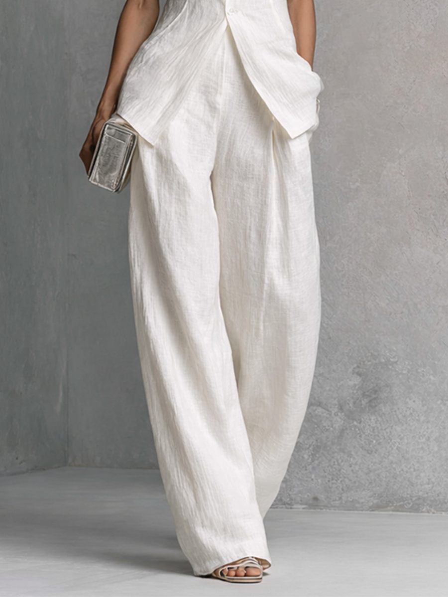White Cotton Linen Sleeveless Top and Wide-Leg Trousers Set Women UK – Smart Casual Holiday Outfit, Brunch