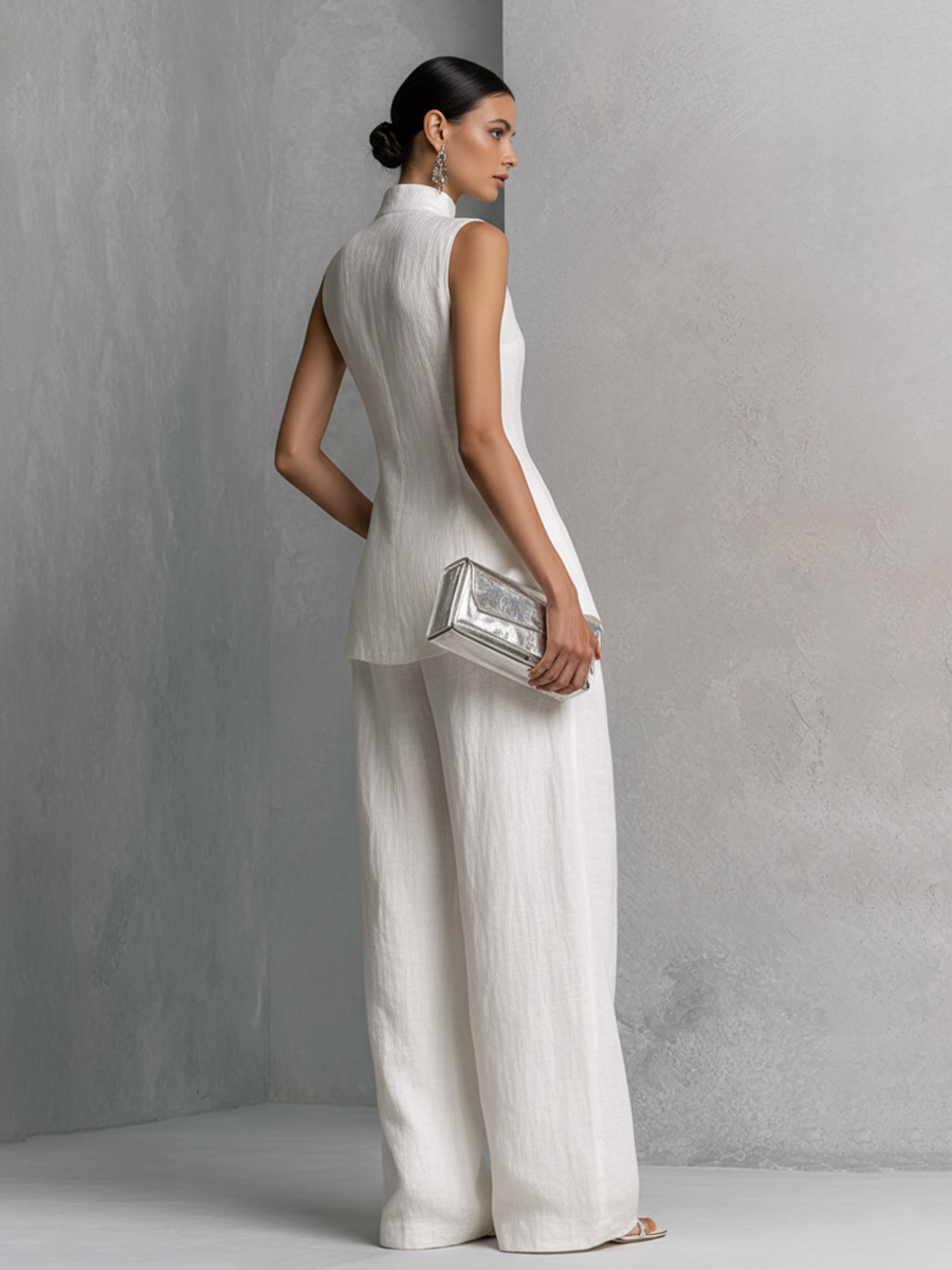 White Cotton Linen Sleeveless Top and Wide-Leg Trousers Set Women UK – Smart Casual Holiday Outfit, Brunch