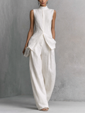 White Cotton Linen Sleeveless Top and Wide-Leg Trousers Set Women UK – Smart Casual Holiday Outfit, Brunch