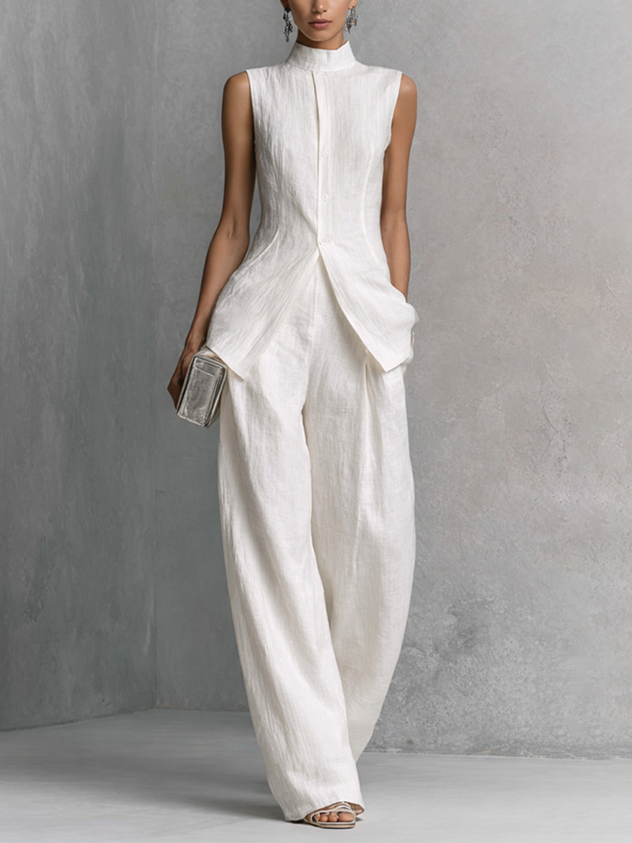 White Cotton Linen Sleeveless Top and Wide-Leg Trousers Set Women UK – Smart Casual Holiday Outfit, Brunch