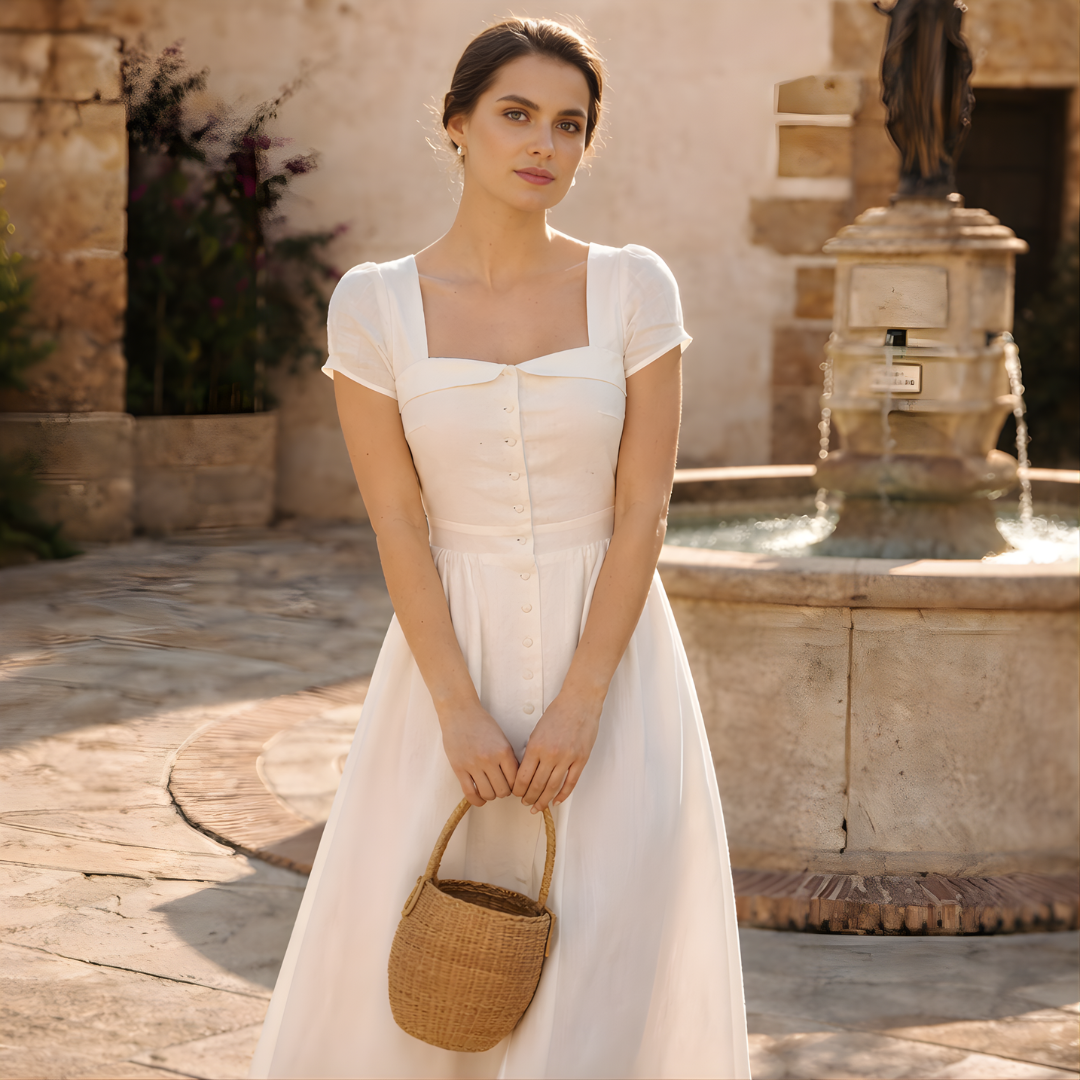 White Linen Midi Dress with Buttons for Summer Casual Wear