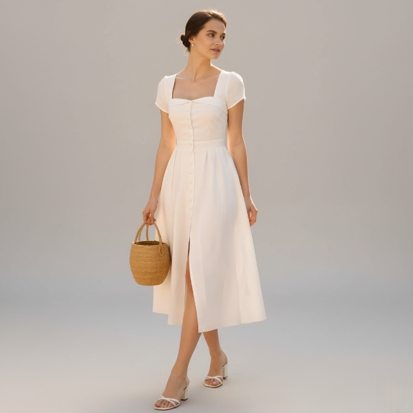 White Linen Midi Dress with Buttons for Summer Casual Wear