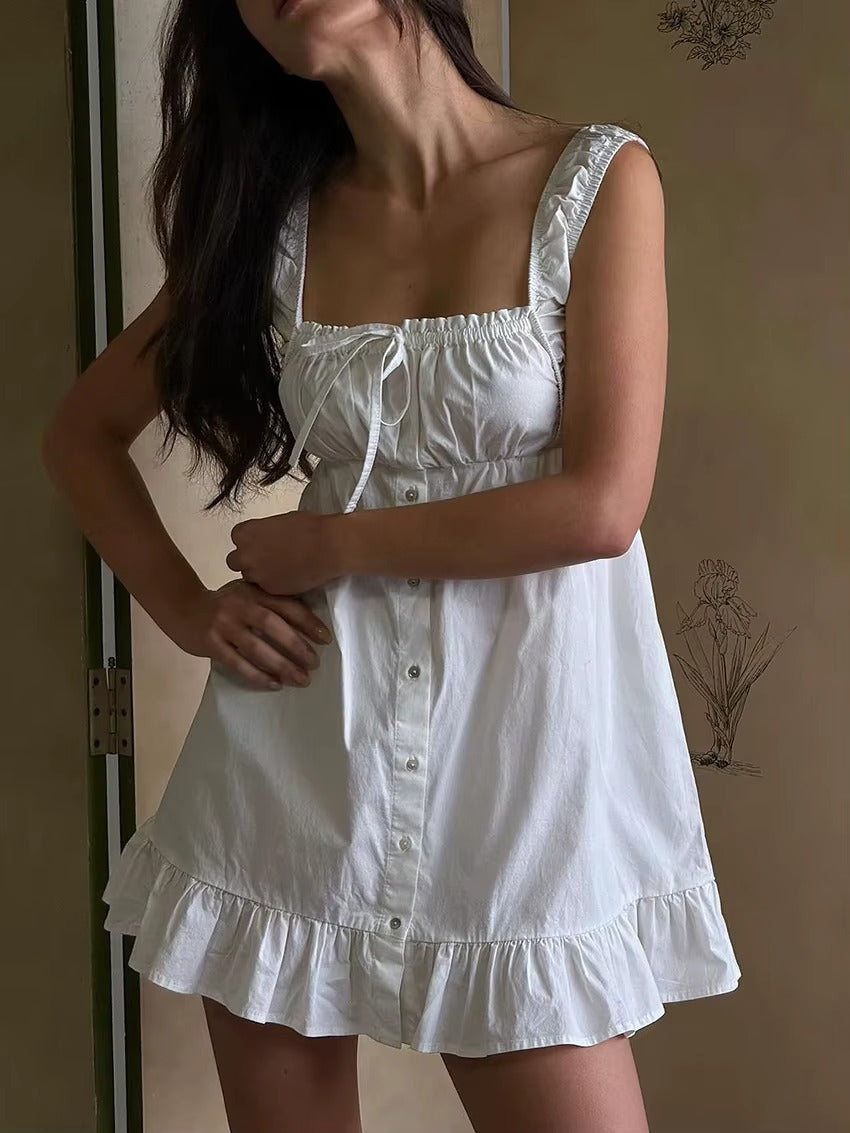 White Linen Mini Dress with Button Front for Summer Casual Wear