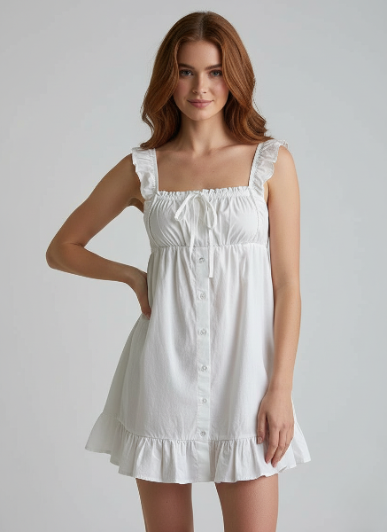 White Linen Mini Dress with Button Front for Summer Casual Wear