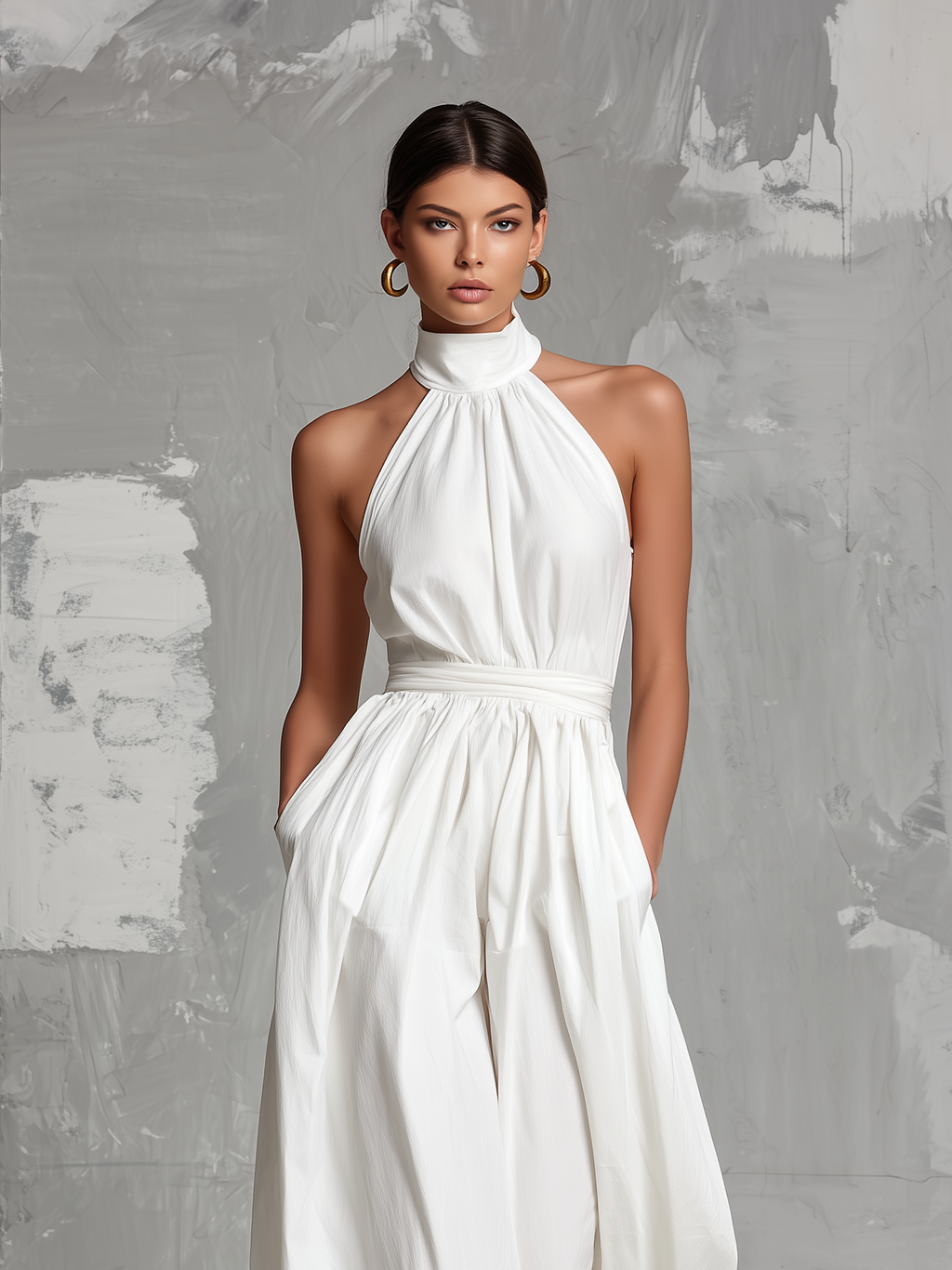 White Woven Sleeveless Halter-neck Jumpsuit Women UK – Smart Casual Holiday Wear Cocktail