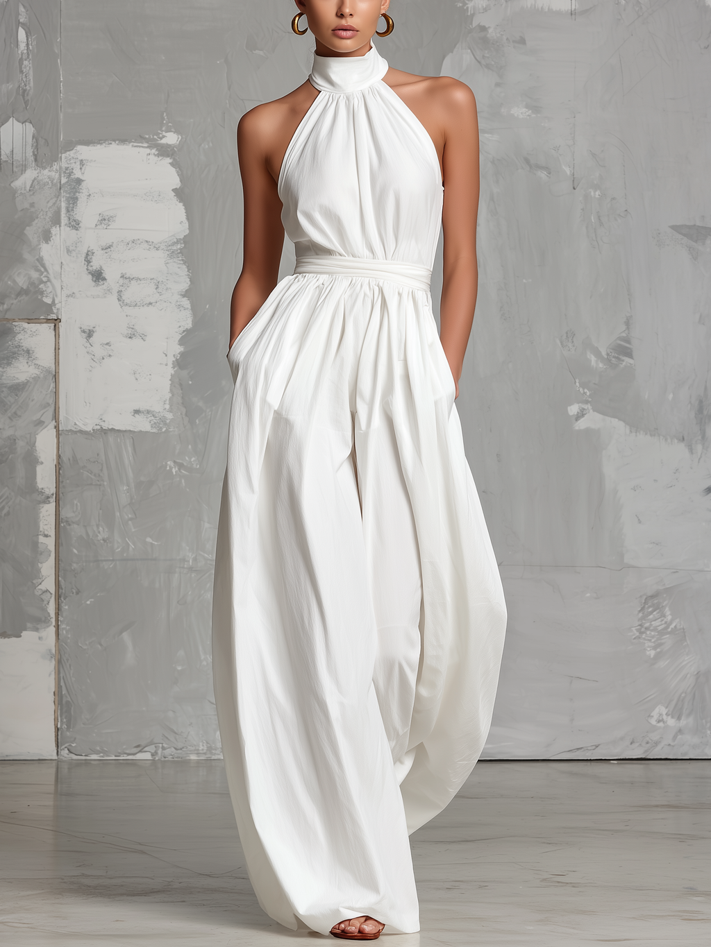White Woven Sleeveless Halter-neck Jumpsuit Women UK – Smart Casual Holiday Wear Cocktail