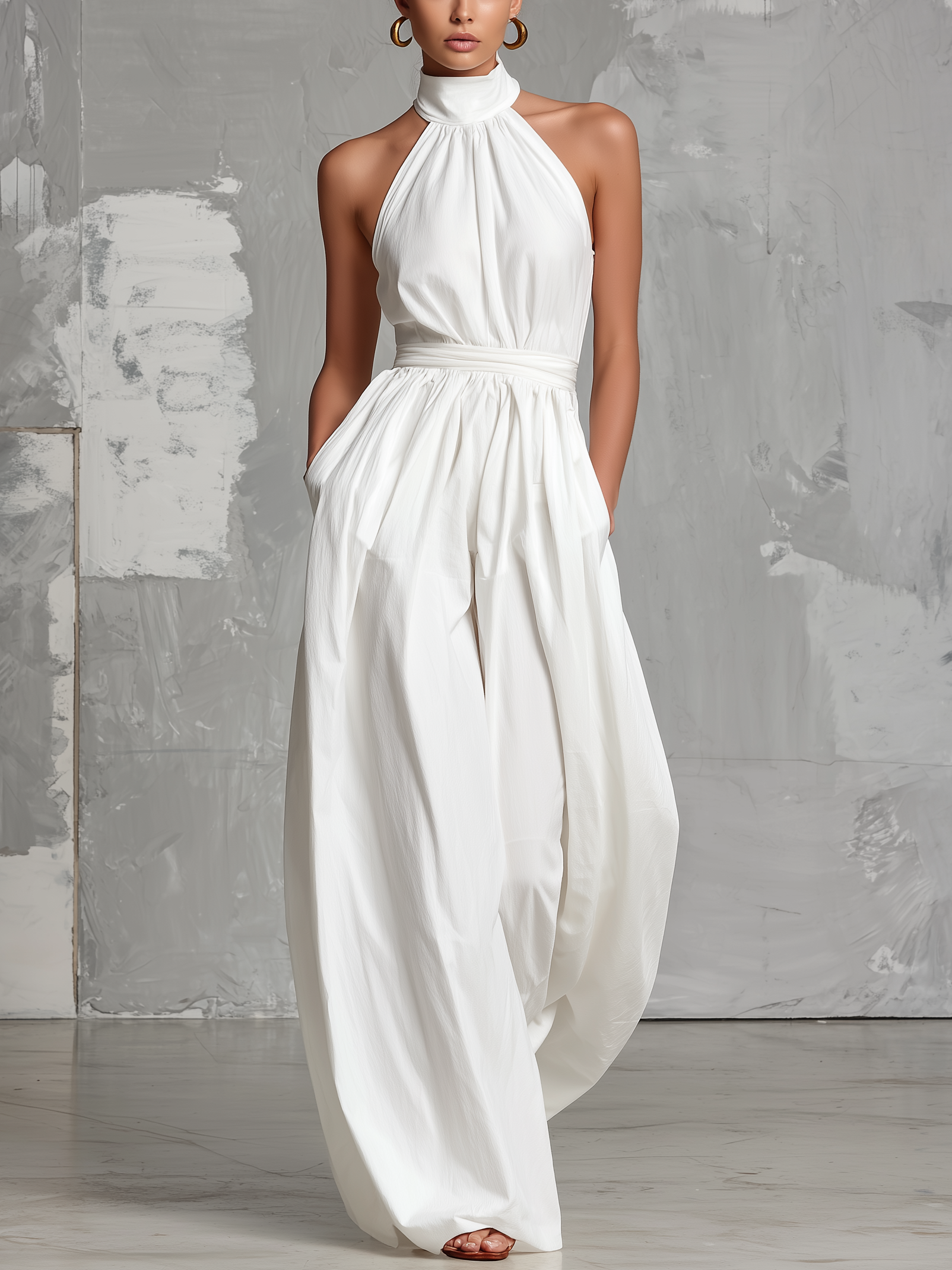White Woven Sleeveless Halter-neck Jumpsuit Women UK – Smart Casual Holiday Wear Cocktail