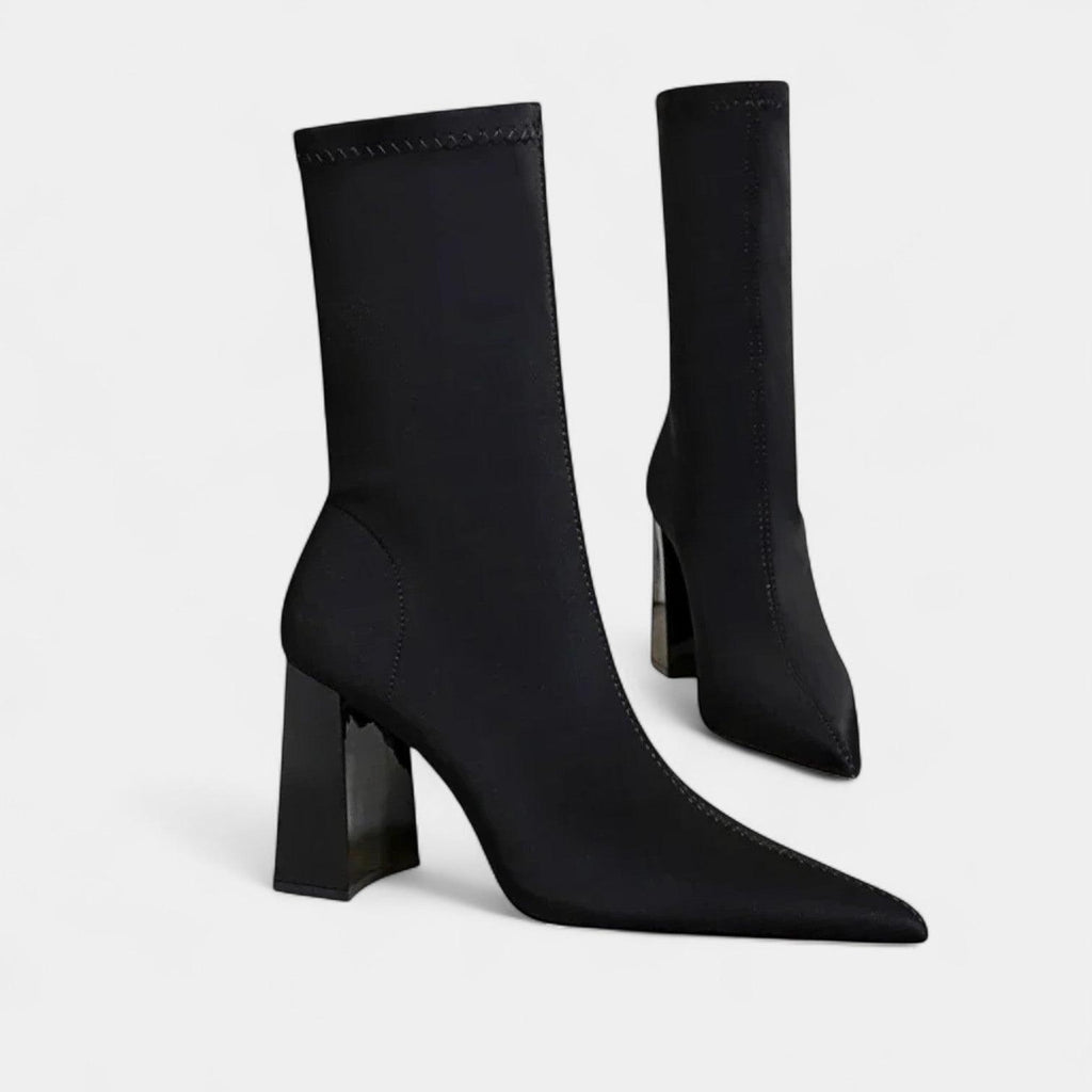 Women's Ankle Boots - Pointed Toe, Block Heel, Zig-Zag Stitching - Stylish Footwear for Casual and Formal Occasions