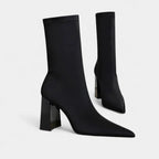 Women's Ankle Boots - Pointed Toe, Block Heel, Zig-Zag Stitching - Stylish Footwear for Casual and Formal Occasions