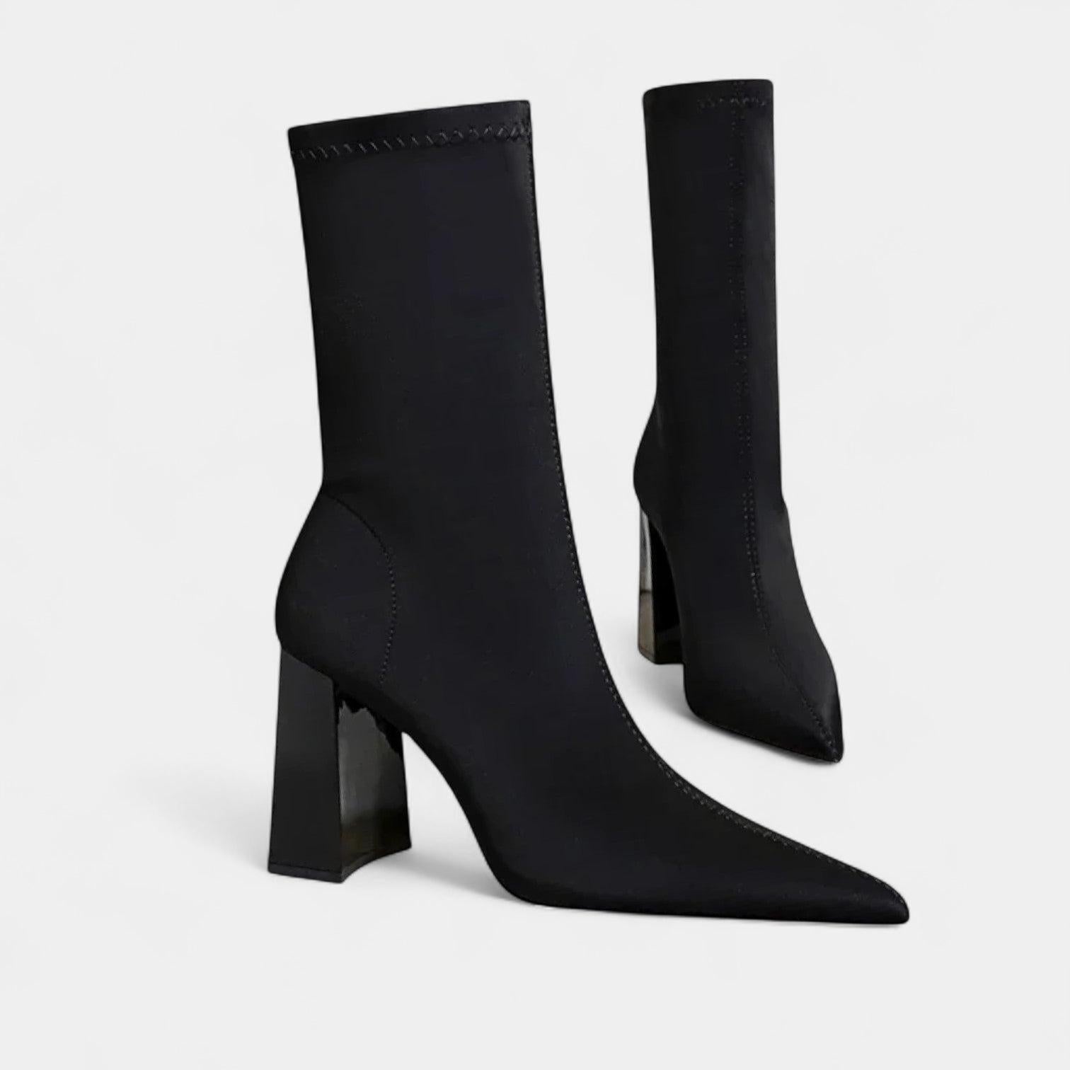 Women's Ankle Boots - Pointed Toe, Block Heel, Zig-Zag Stitching - Stylish Footwear for Casual and Formal Occasions