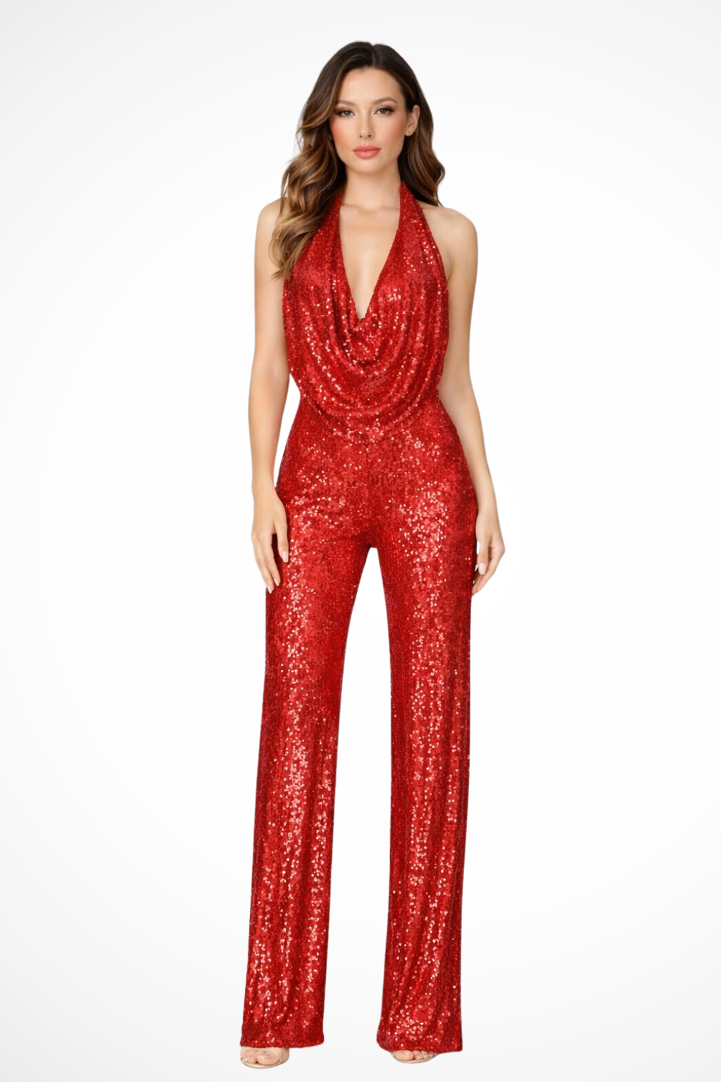 Women's Halter Neck Wide Leg Jumpsuit with Draped Front for Casual Wear