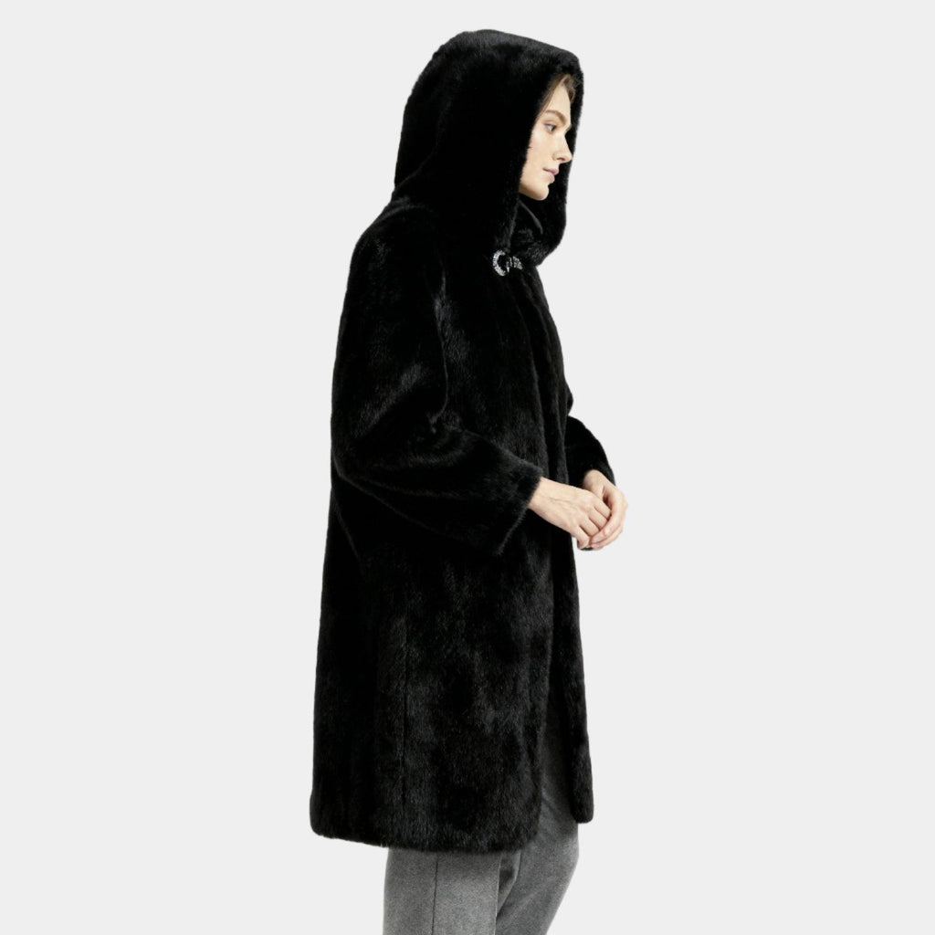 Women's Hooded Faux Mink Fur Long Coat - Stylish Winter Outerwear for Cold Weather