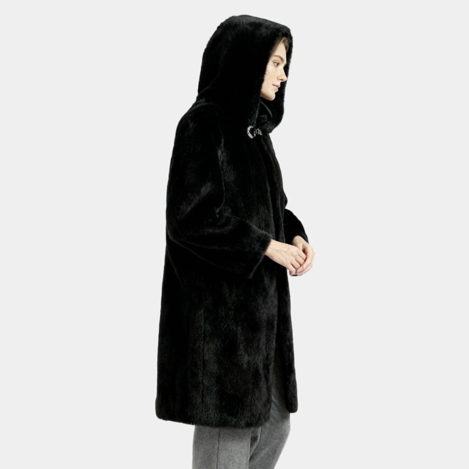 Women's Hooded Faux Mink Fur Long Coat - Stylish Winter Outerwear for Cold Weather