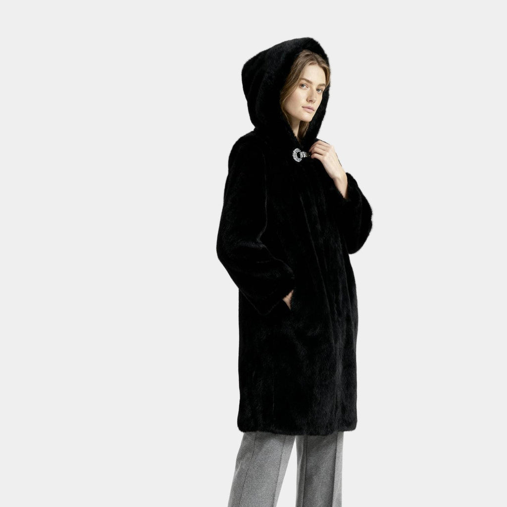 Women's Hooded Faux Mink Fur Long Coat - Stylish Winter Outerwear for Cold Weather