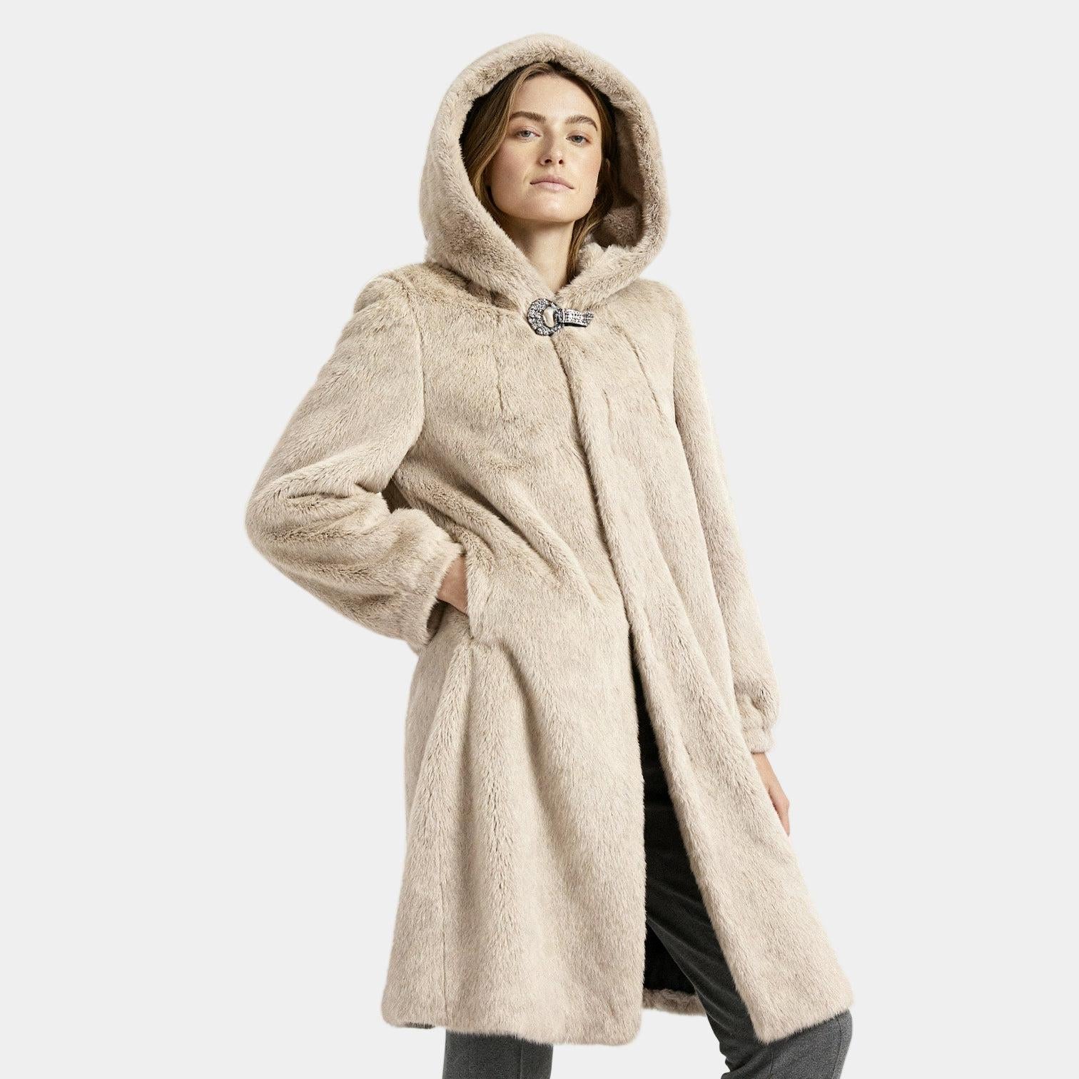 Women's Hooded Faux Mink Fur Long Coat - Stylish Winter Outerwear for Cold Weather