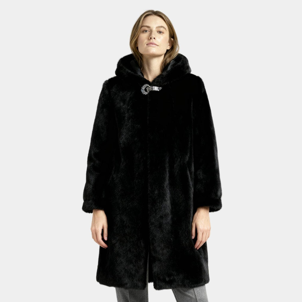 Women's Hooded Faux Mink Fur Long Coat - Stylish Winter Outerwear for Cold Weather