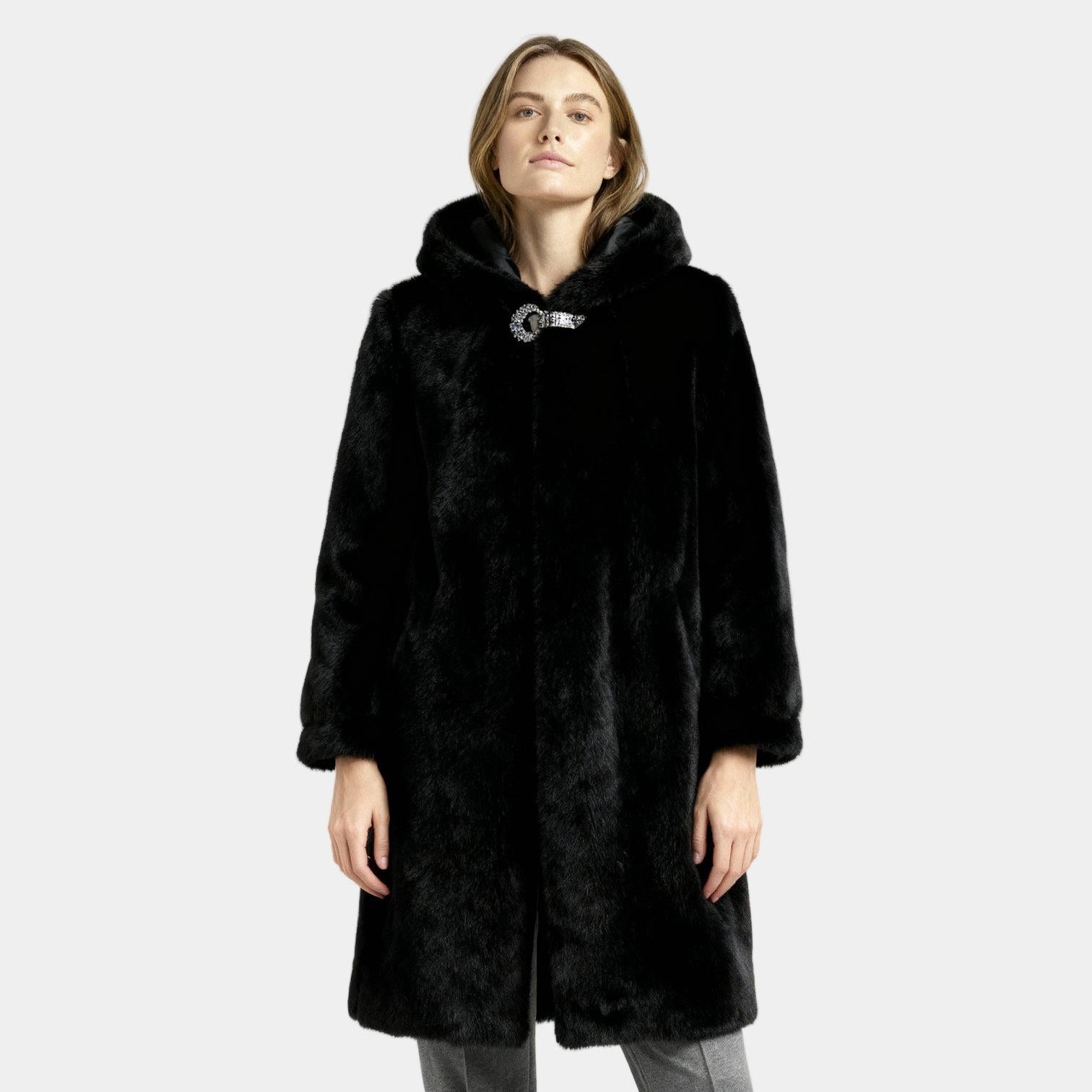 Women's Hooded Faux Mink Fur Long Coat - Stylish Winter Outerwear for Cold Weather