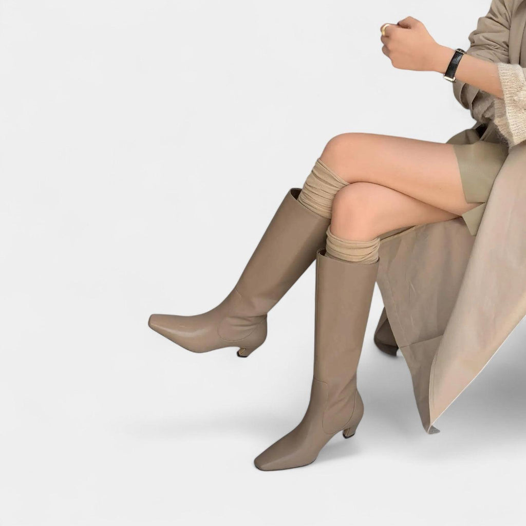 Women's Leather Knee-High Boots with Block Heel for Everyday Wear, Stylish and Comfortable Footwear