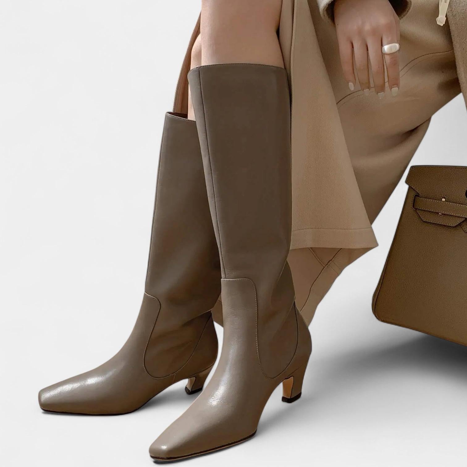 Women's Leather Knee-High Boots with Block Heel for Everyday Wear, Stylish and Comfortable Footwear