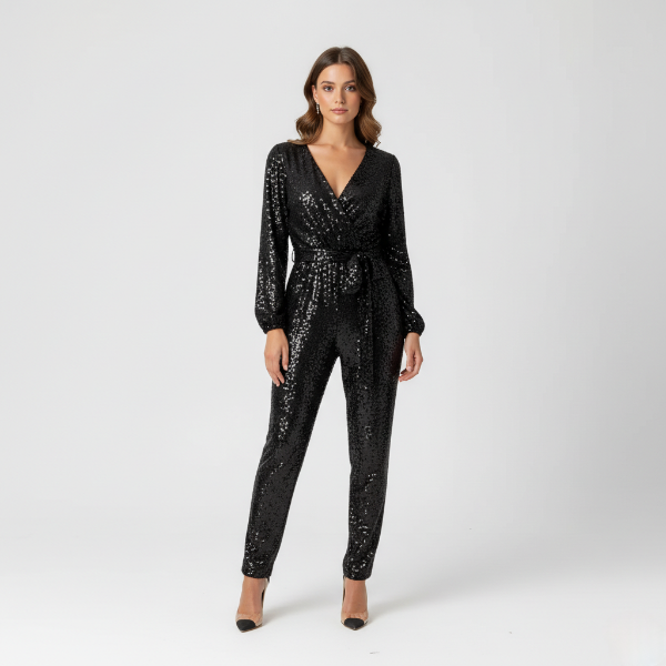 Women's Long Sleeve Deep V-Neck Jumpsuit - Comfortable Casual Wear for Everyday Style