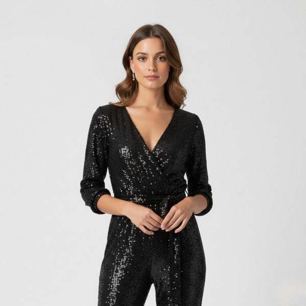 Women's Long Sleeve Deep V-Neck Jumpsuit - Comfortable Casual Wear for Everyday Style