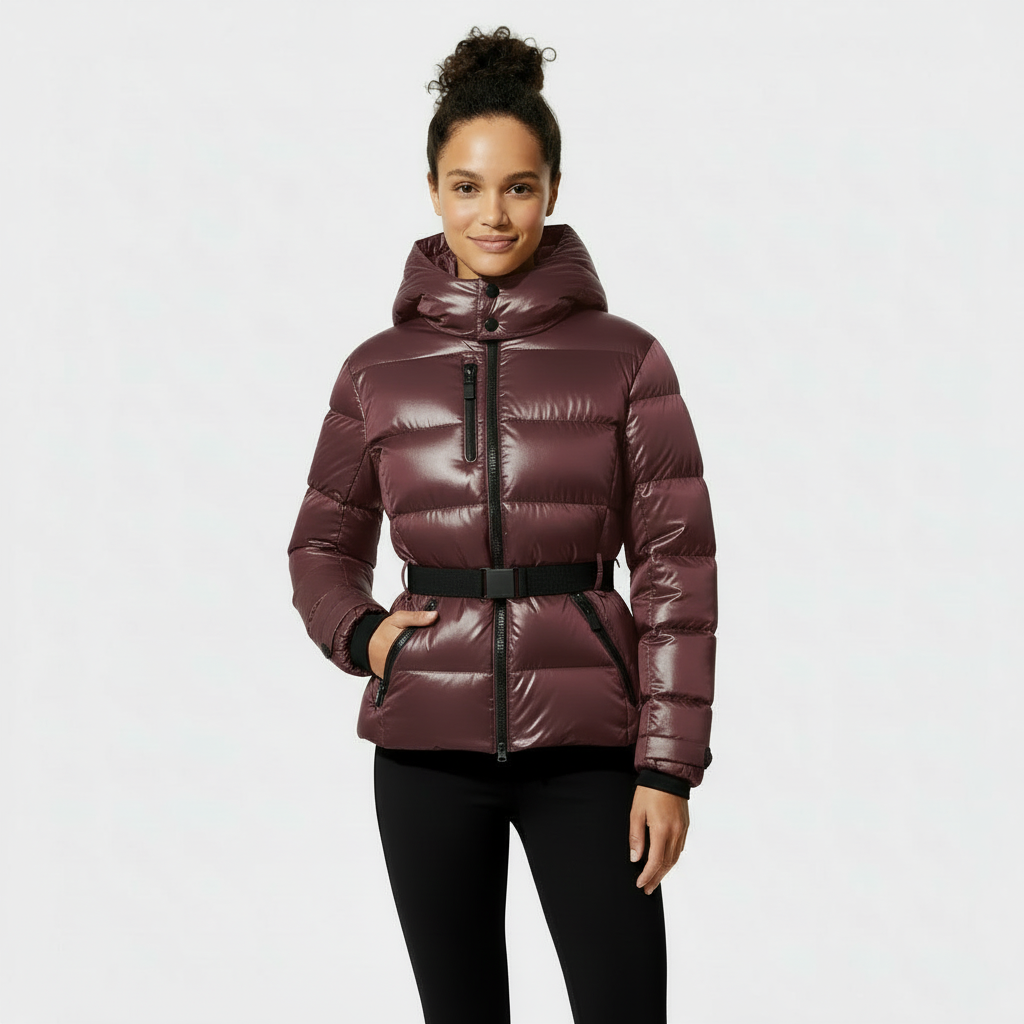 Women's Puffer Jacket with Belted Waist - Insulated Winter Coat for Cold Weather Fashion