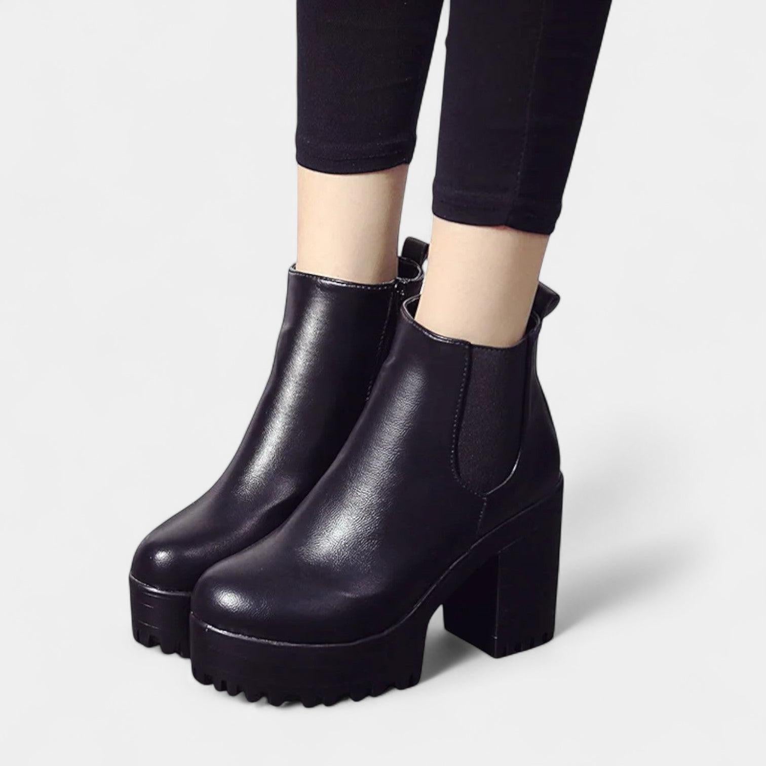 Women's Rounded Toe Ankle Boots with Block Heel and Elastic Side Panels for Casual Wear