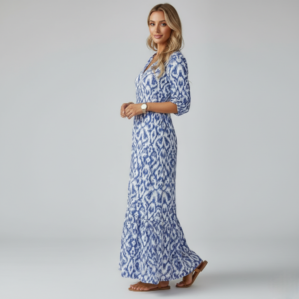 Women's V-Neck Maxi Dress in Printed Fabric with Tiered Hem and Half Sleeves for Casual or Formal Occasions