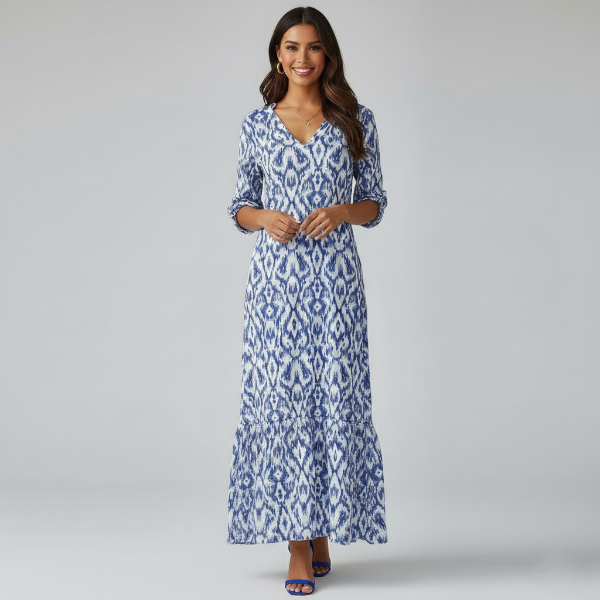 Women's V-Neck Maxi Dress in Printed Fabric with Tiered Hem and Half Sleeves for Casual or Formal Occasions