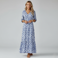 Women's V-Neck Maxi Dress in Printed Fabric with Tiered Hem and Half Sleeves for Casual or Formal Occasions