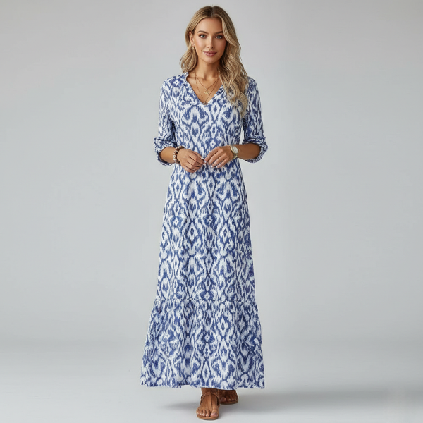 Women's V-Neck Maxi Dress in Printed Fabric with Tiered Hem and Half Sleeves for Casual or Formal Occasions