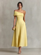 Yellow Linen One-Shoulder Dress Women UK – Timeless Cocktail Wedding Guest Evening Gown, Garden Party