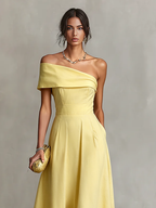 Yellow Linen One-Shoulder Dress Women UK – Timeless Cocktail Wedding Guest Evening Gown, Garden Party