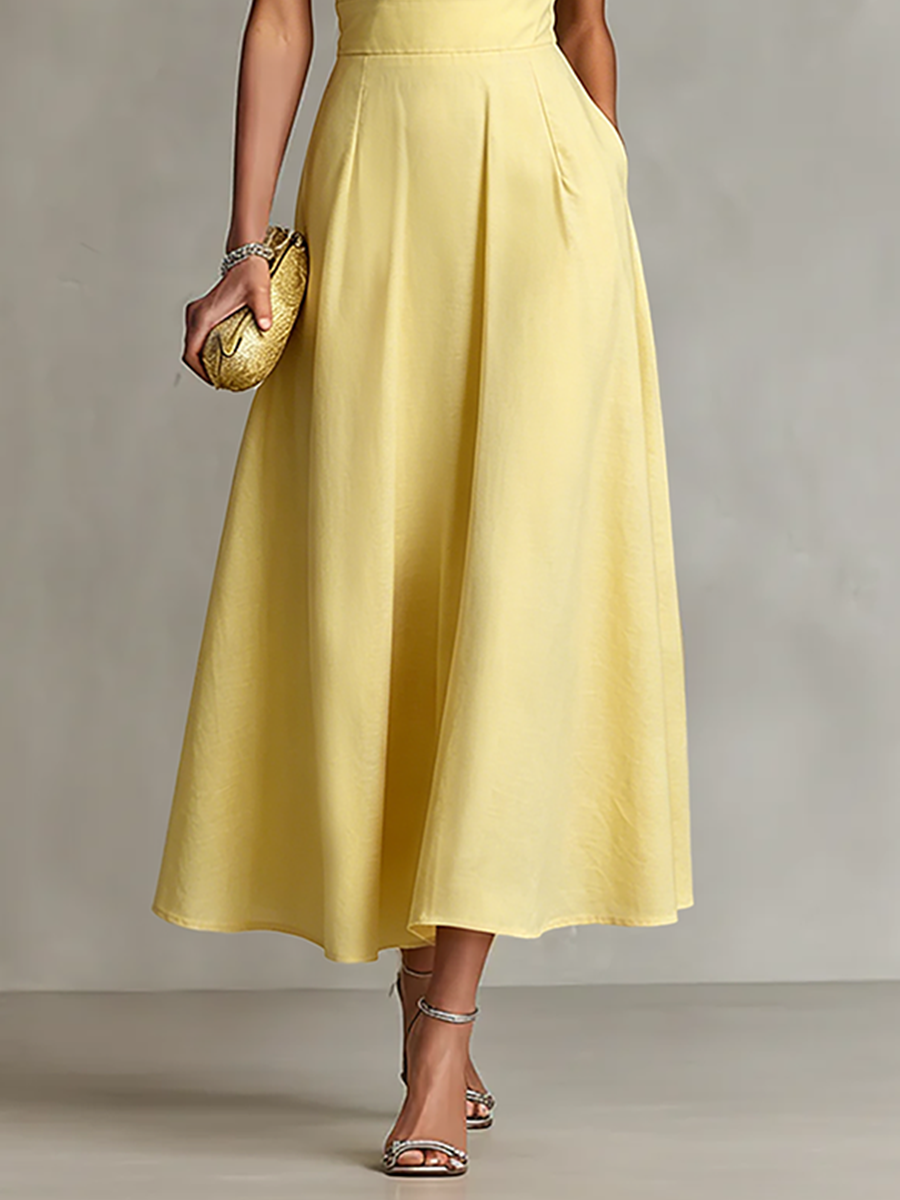 Yellow Linen One-Shoulder Dress Women UK – Timeless Cocktail Wedding Guest Evening Gown, Garden Party