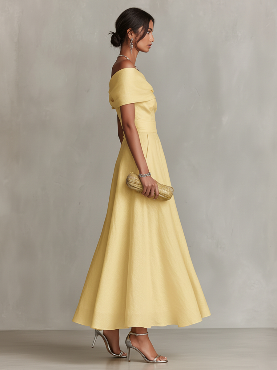 Yellow Linen One-Shoulder Dress Women UK – Timeless Cocktail Wedding Guest Evening Gown, Garden Party