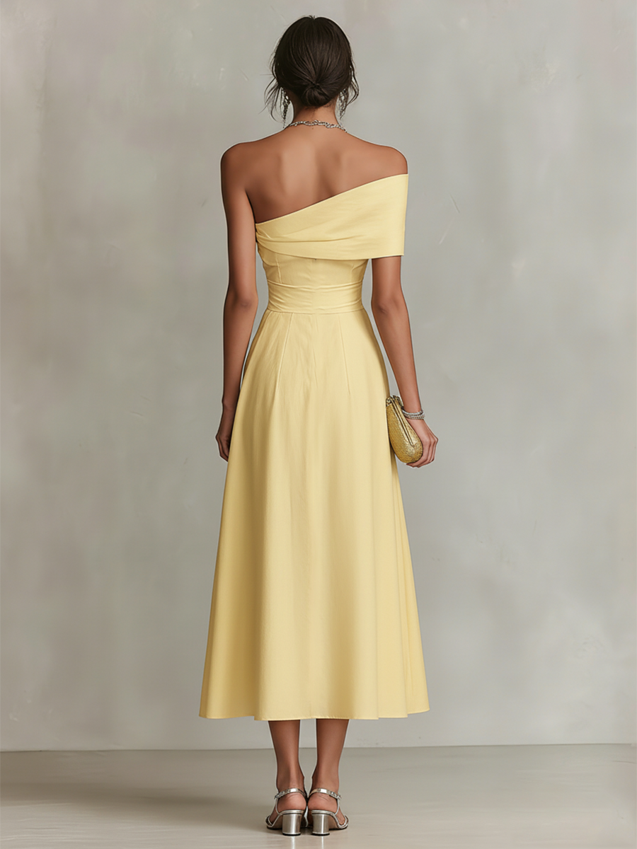 Yellow Linen One-Shoulder Dress Women UK – Timeless Cocktail Wedding Guest Evening Gown, Garden Party