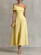 Yellow Linen One-Shoulder Dress Women UK – Timeless Cocktail Wedding Guest Evening Gown, Garden Party