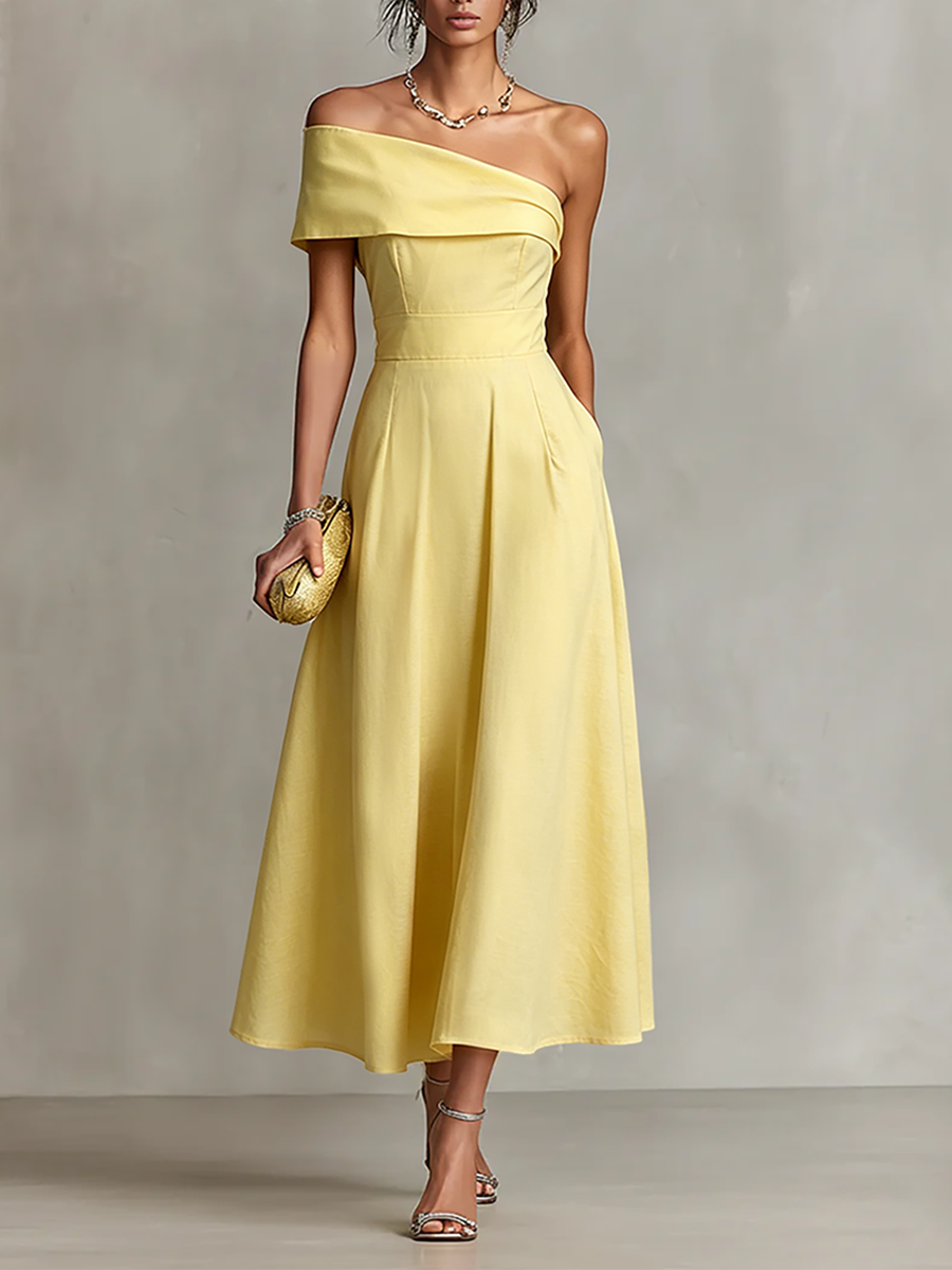 Yellow Linen One-Shoulder Dress Women UK – Timeless Cocktail Wedding Guest Evening Gown, Garden Party